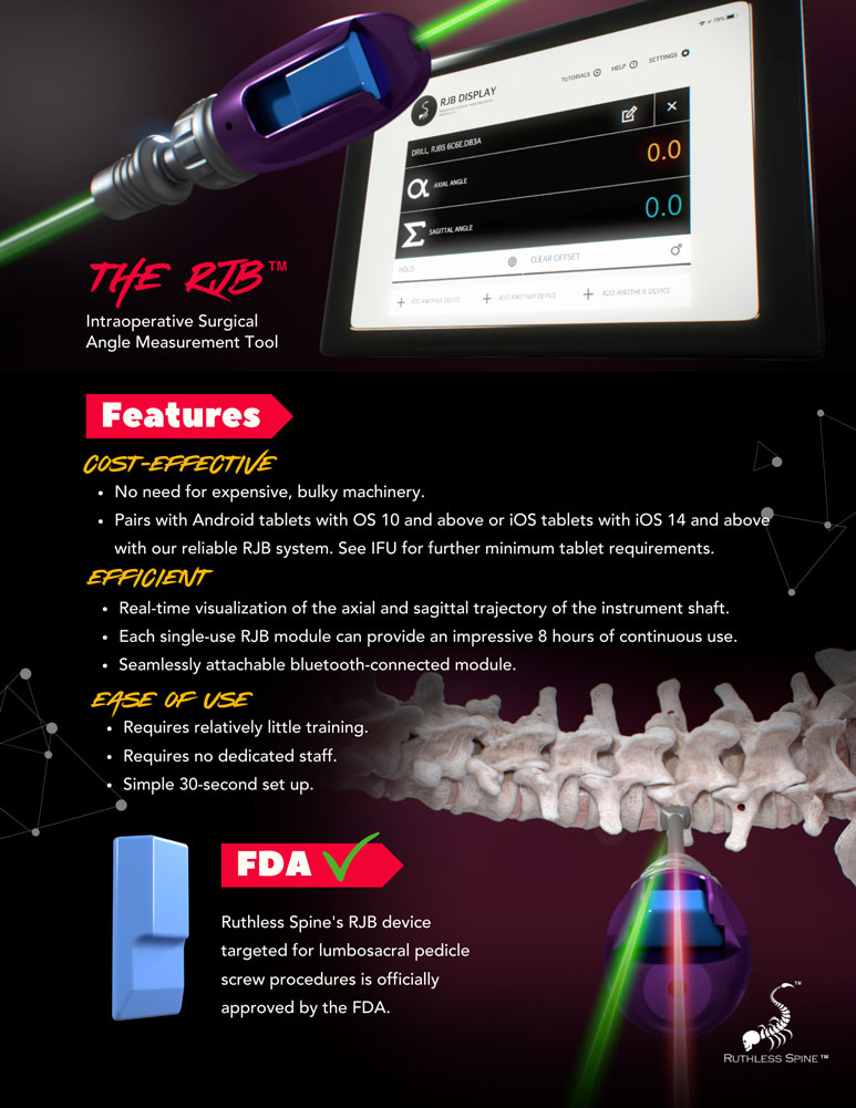 Ruthless Spine's RJB device targeted for lumbosacral pedicle screw procedures official sell sheet. 