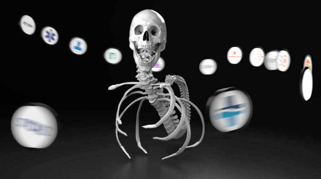 Rufass the unique skeleton destroying competitors. Ruthless Spine Mascot.