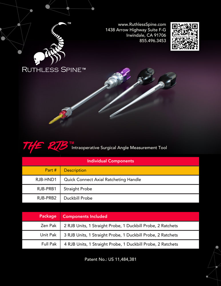 Ruthless Spine's RJB device targeted for lumbosacral pedicle screw procedures official sell sheet. 