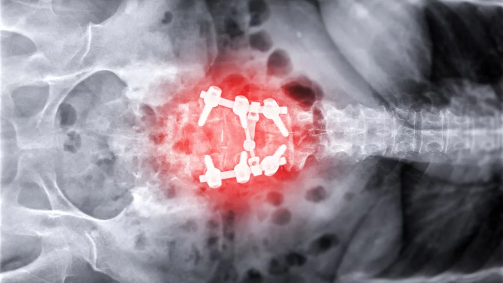 x-ray image of lumbar spine showing pedicle screw fixation.