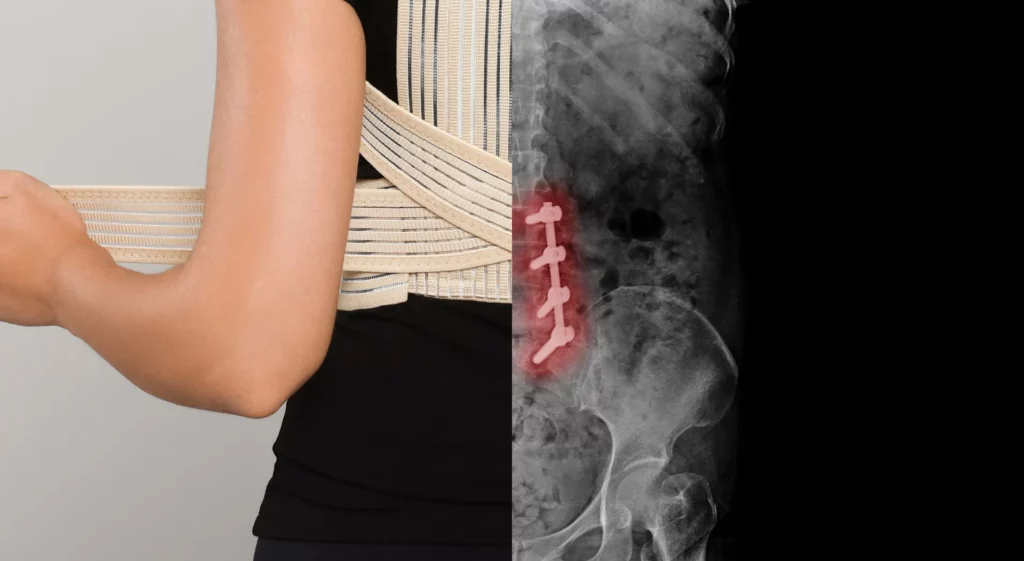 An image showing a variation of Spinal Alignment Tool options. On the left, you have a posterior corrector back brace and on the right you have an Xray of spinal fixation with pedicle screws. 