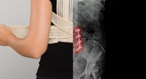 An image showing a variation of Spinal Alignment Tool options. On the left, you have a posterior corrector back brace and on the right you have an Xray of spinal fixation with pedicle screws.